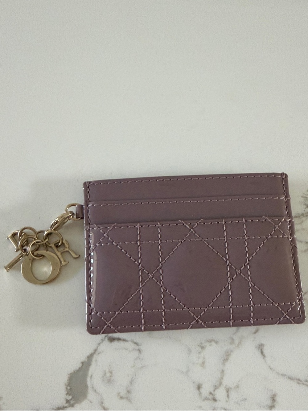 Dior Mauve Quilted Patent Leather Card Case with Gold Charm